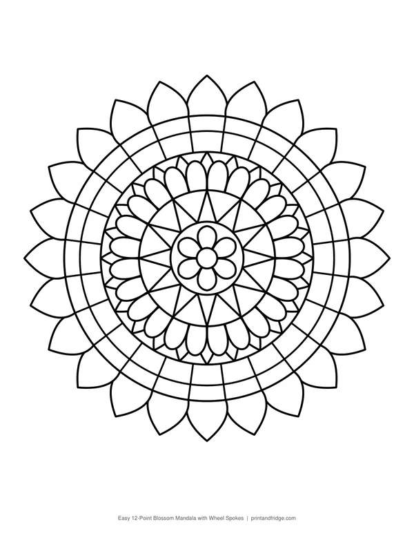 Easy 12-Point Blossom Mandala with Wheel Spokes printable coloring page
