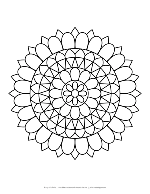 Easy 12-Point Lotus Mandala with Pointed Petals printable coloring page