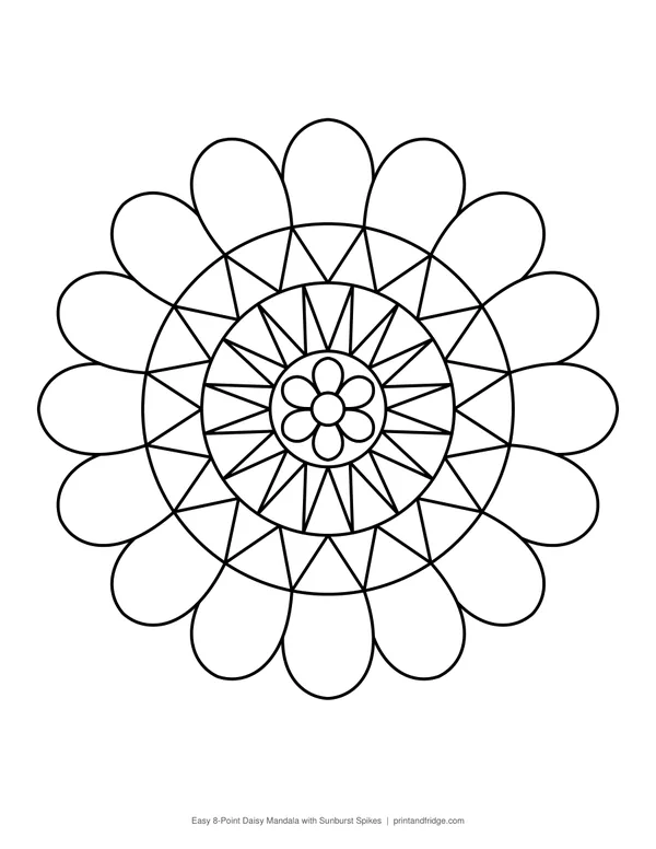 Easy 8-Point Daisy Mandala with Sunburst Spikes printable coloring page
