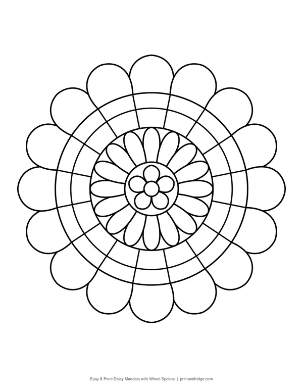 Easy 8-Point Daisy Mandala with Wheel Spokes printable coloring page
