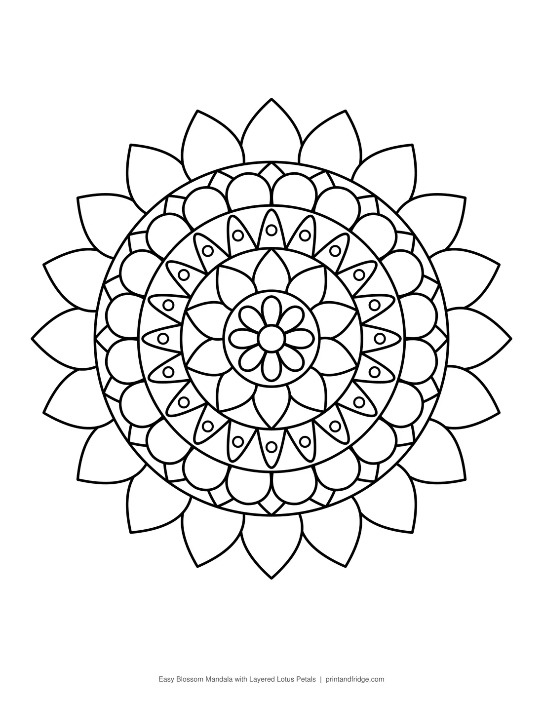 Easy Blossom Mandala with Layered Lotus Petals printable coloring page