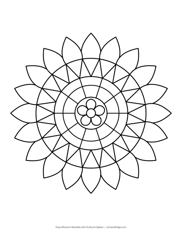 Easy Blossom Mandala with Sunburst Spikes printable coloring page