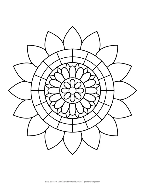 Easy Blossom Mandala with Wheel Spokes printable coloring page