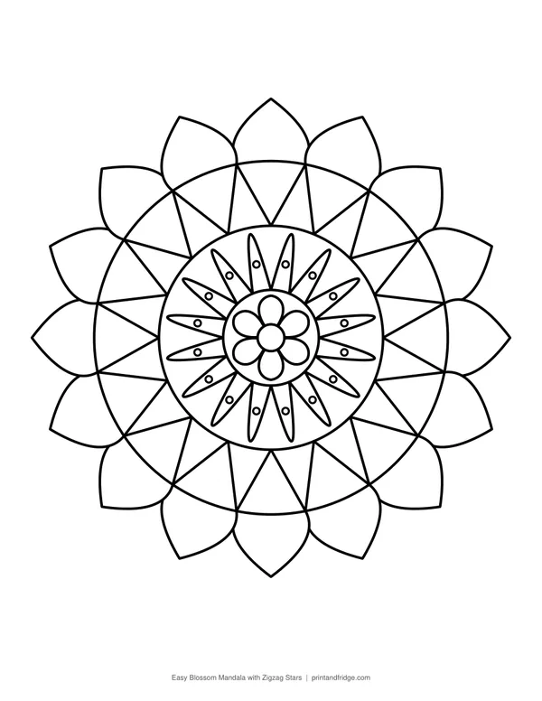 Easy Blossom Mandala with Zigzag Stars coloring page
