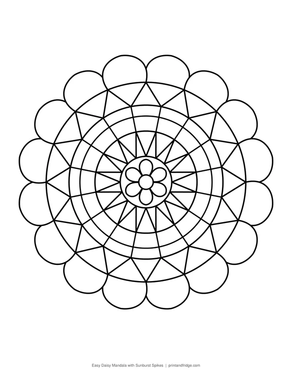 Easy Daisy Mandala with Sunburst Spikes printable coloring page