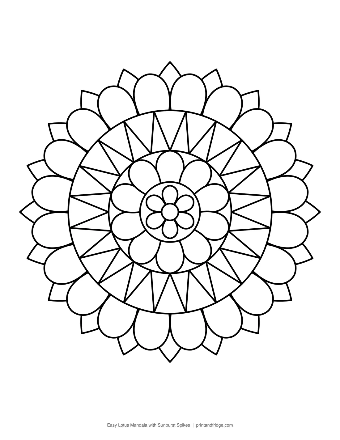 Easy Lotus Mandala with Sunburst Spikes printable coloring page