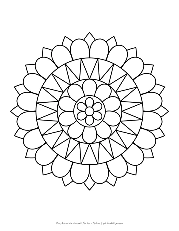 Easy Lotus Mandala with Sunburst Spikes printable coloring page