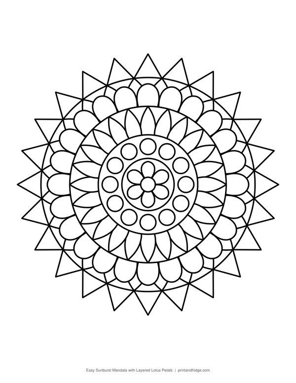 Easy Sunburst Mandala with Layered Lotus Petals printable coloring page