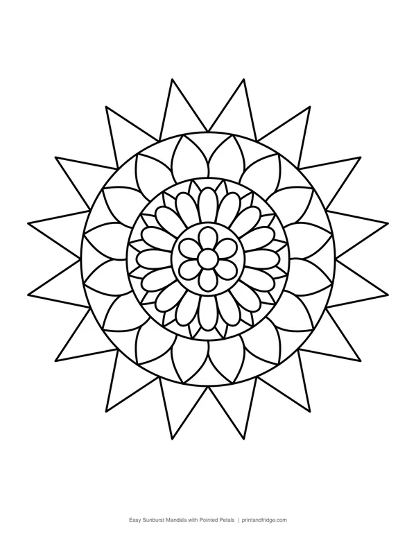 Easy Sunburst Mandala with Pointed Petals printable coloring page