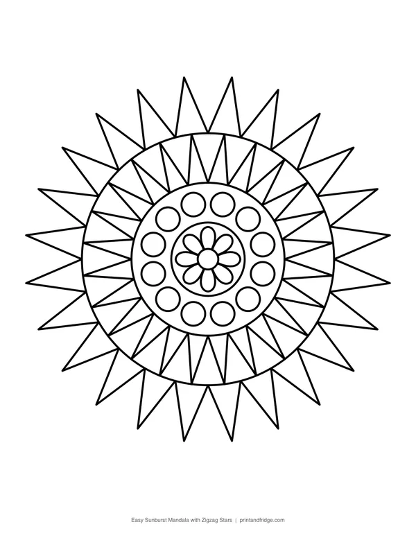 Easy Sunburst Mandala with Zigzag Stars printable coloring page