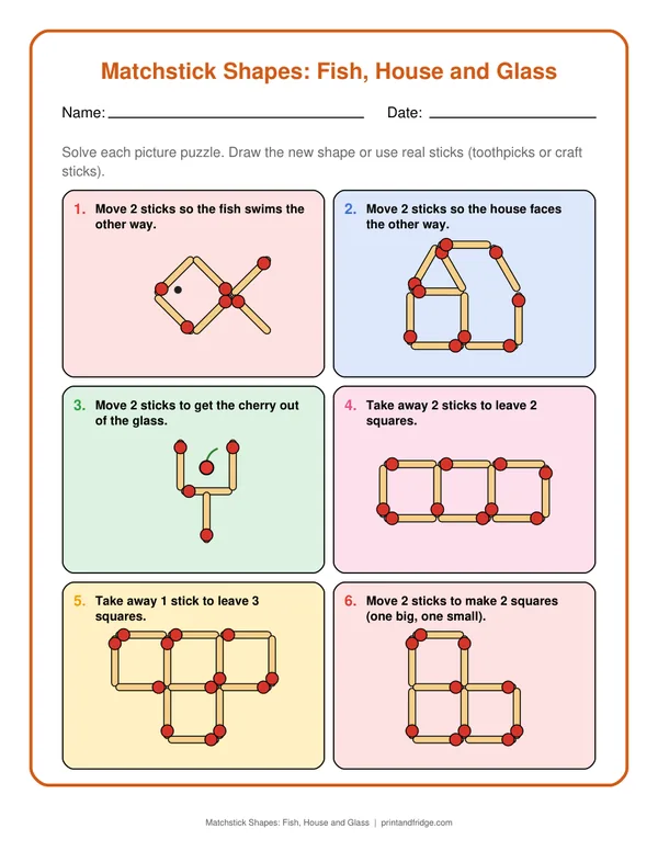 Matchstick Shapes: Fish, House and Glass printable worksheet