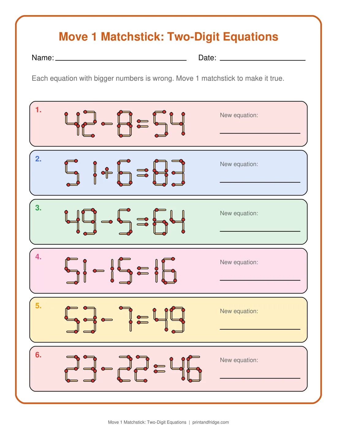 Move 1 Matchstick: Two-Digit Equations printable worksheet