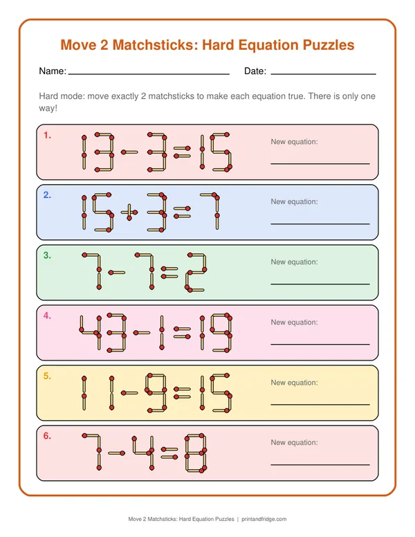 Move 2 Matchsticks: Hard Equation Puzzles printable worksheet