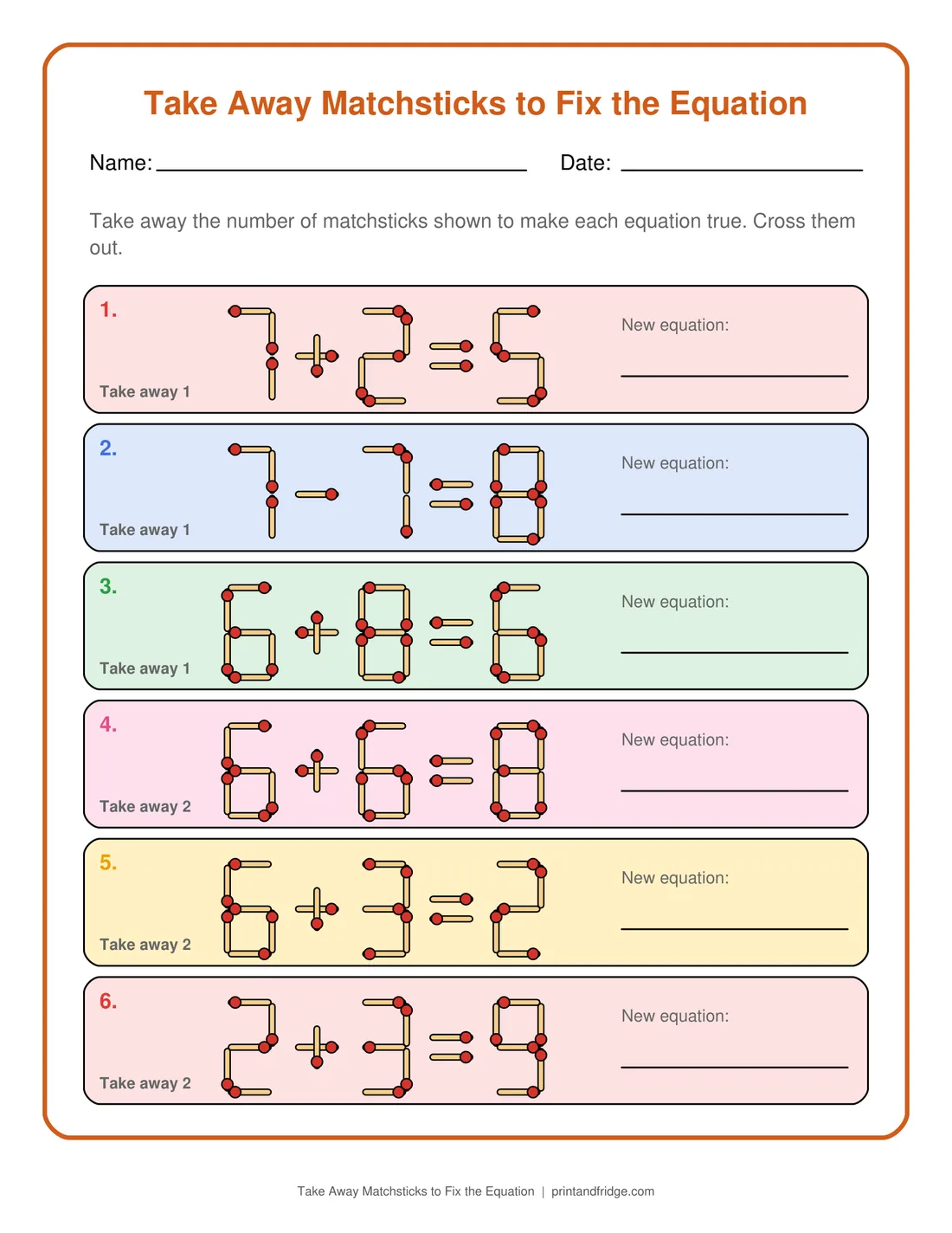 Take Away Matchsticks to Fix the Equation printable worksheet