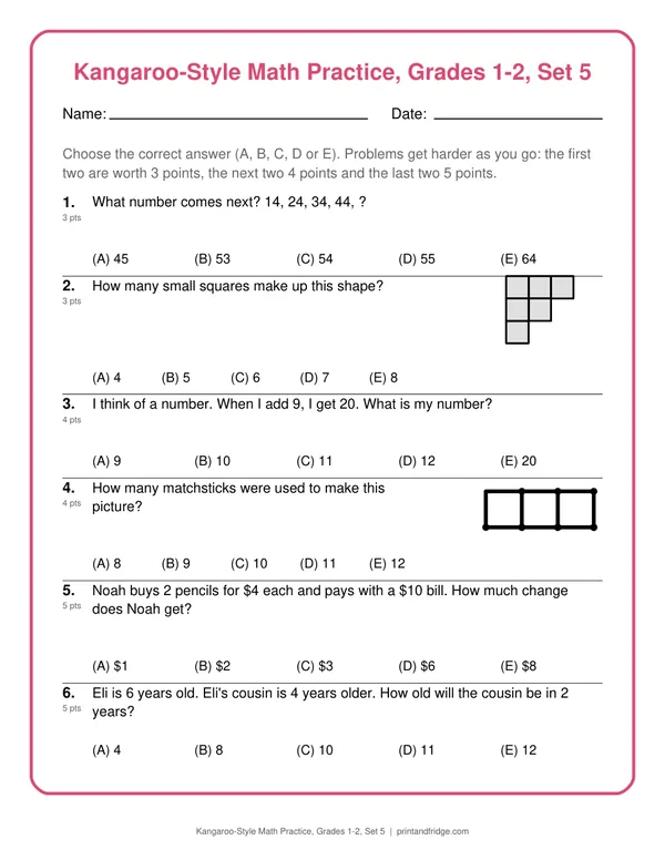 Kangaroo-Style Math Practice, Grades 1-2, Set 5 printable practice set