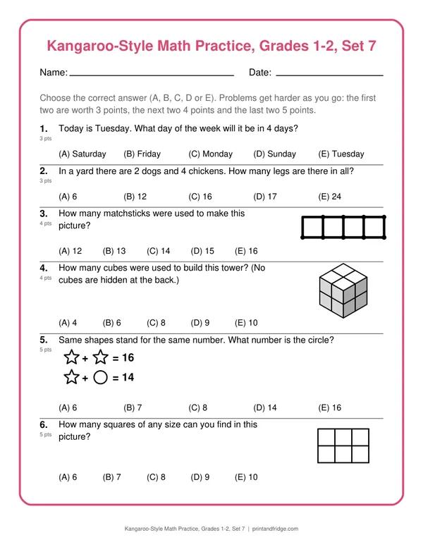 Kangaroo-Style Math Practice, Grades 1-2, Set 7 printable practice set