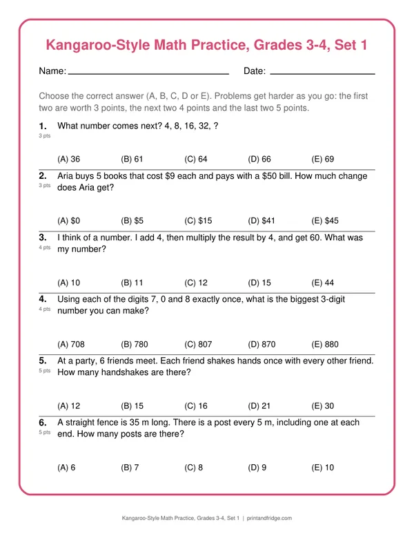Kangaroo-Style Math Practice, Grades 3-4, Set 1 printable practice set