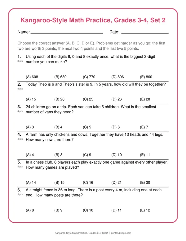Kangaroo-Style Math Practice, Grades 3-4, Set 2 printable practice set