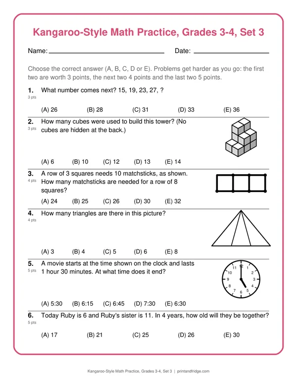 Kangaroo-Style Math Practice, Grades 3-4, Set 3 printable practice set