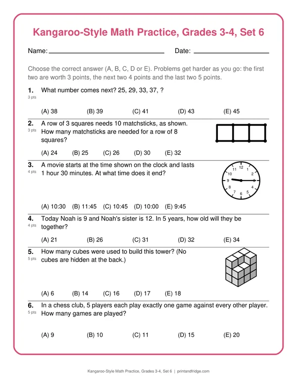 Kangaroo-Style Math Practice, Grades 3-4, Set 6 printable practice set