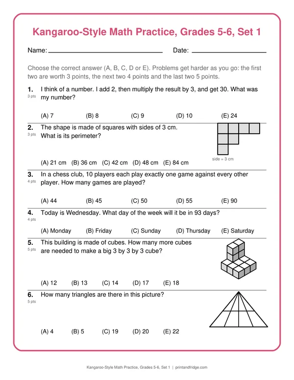Kangaroo-Style Math Practice, Grades 5-6, Set 1 printable practice set