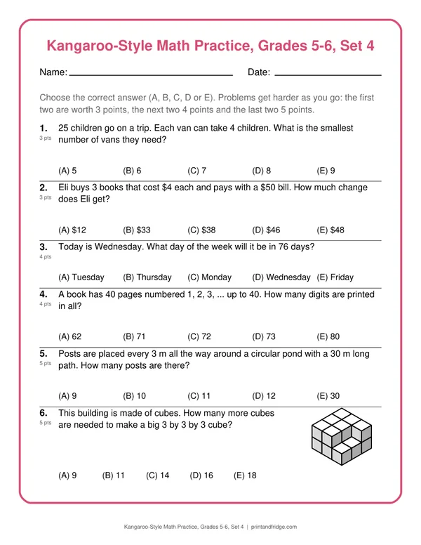 Kangaroo-Style Math Practice, Grades 5-6, Set 4 printable practice set