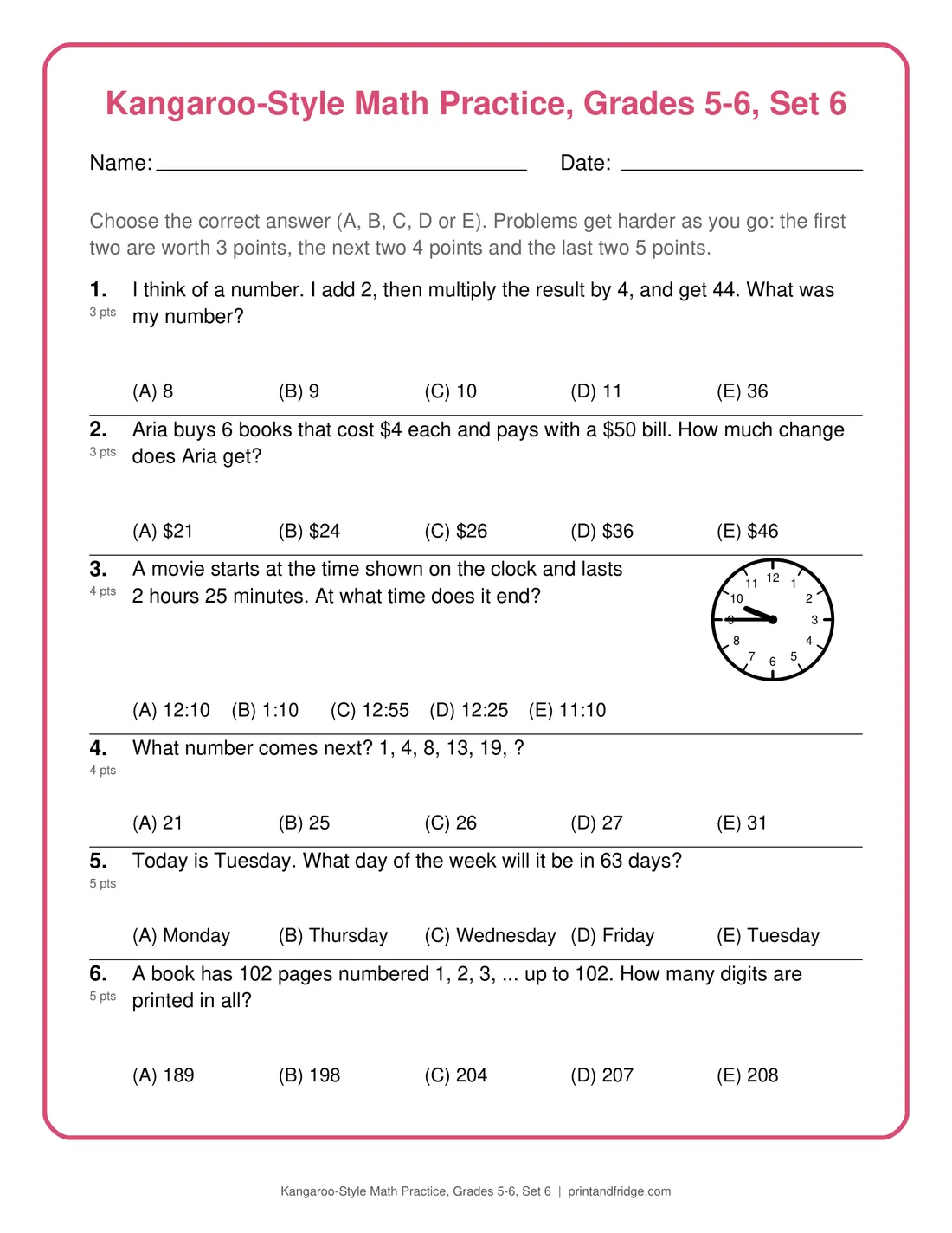 Kangaroo-Style Math Practice, Grades 5-6, Set 6 printable practice set
