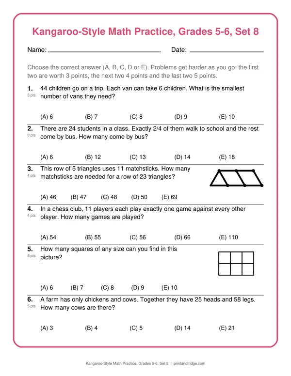 Kangaroo-Style Math Practice, Grades 5-6, Set 8 printable practice set