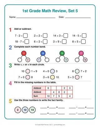 1st Grade Math Review, Set 5