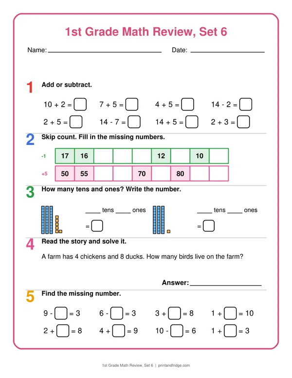 1st Grade Math Review, Set 6 printable review page