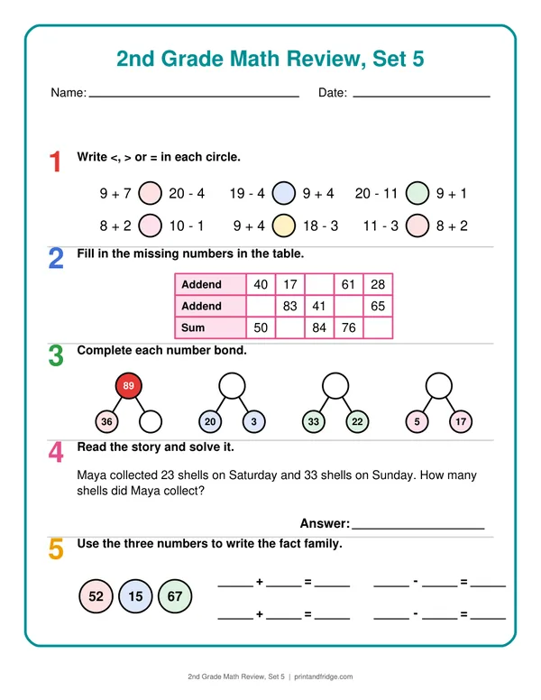 2nd Grade Math Review, Set 5 printable review page