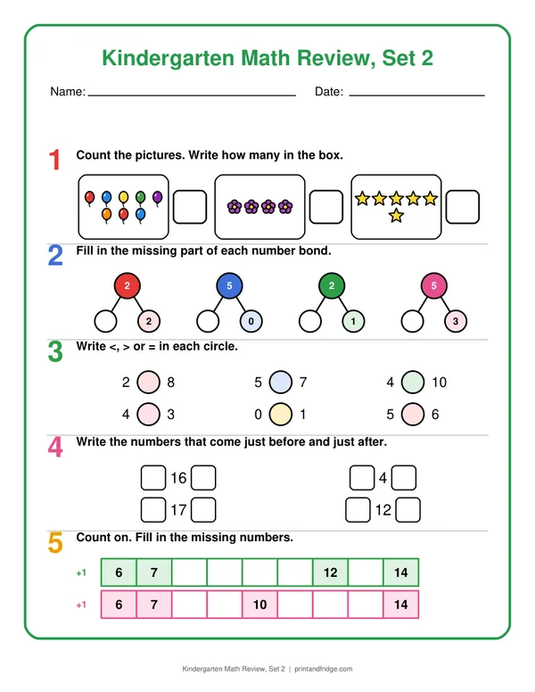 Kindergarten Math Review, Set 2 printable review page