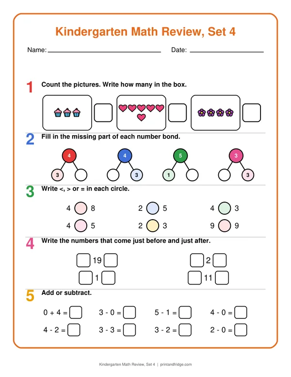 Kindergarten Math Review, Set 4 printable review page