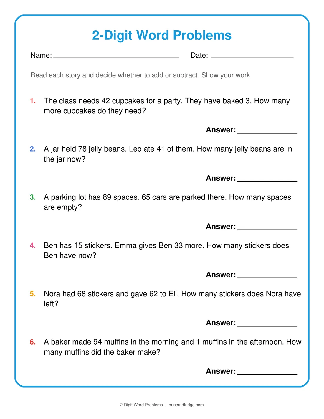 2-Digit Word Problems printable worksheet