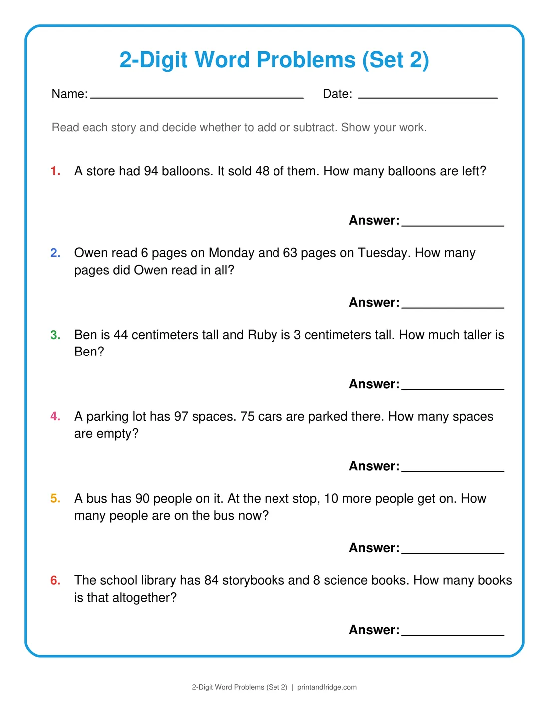 2-Digit Word Problems (Set 2) printable worksheet