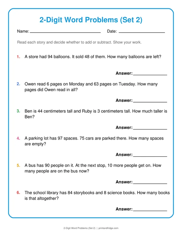 2-Digit Word Problems (Set 2) printable worksheet