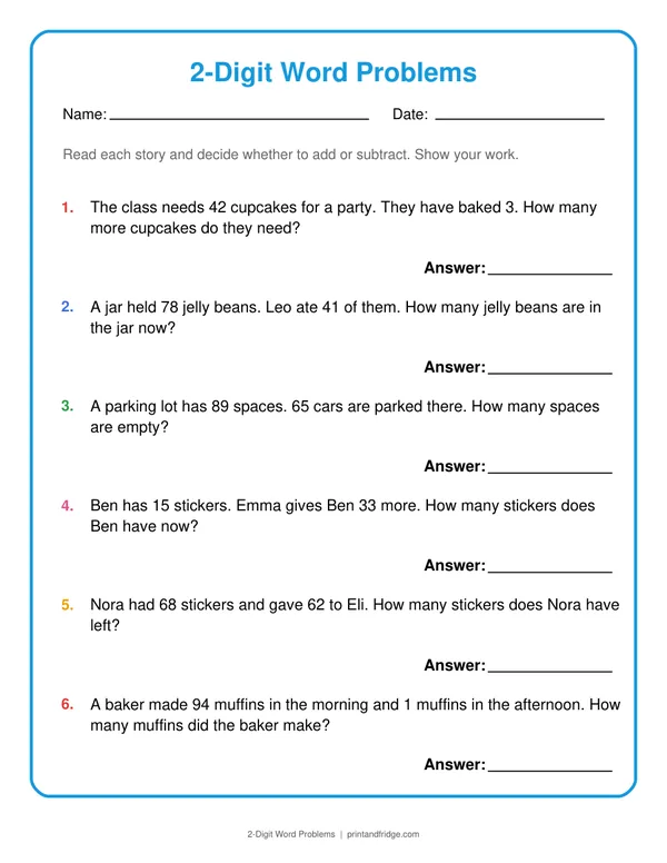 2-Digit Word Problems printable worksheet