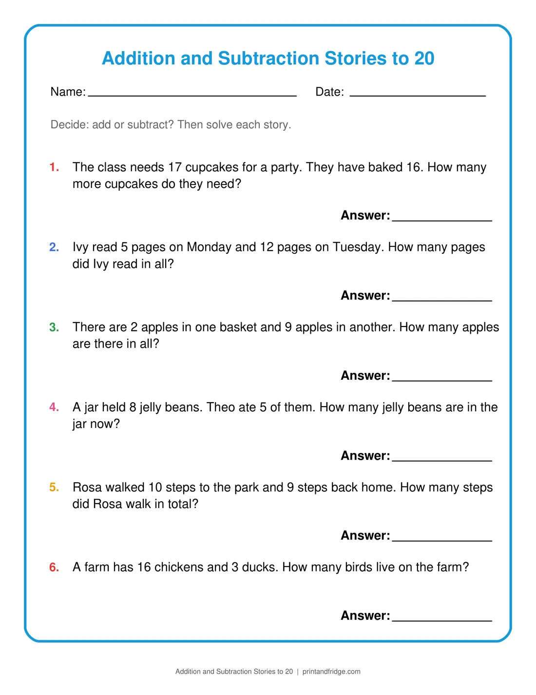 Addition and Subtraction Stories to 20 printable worksheet