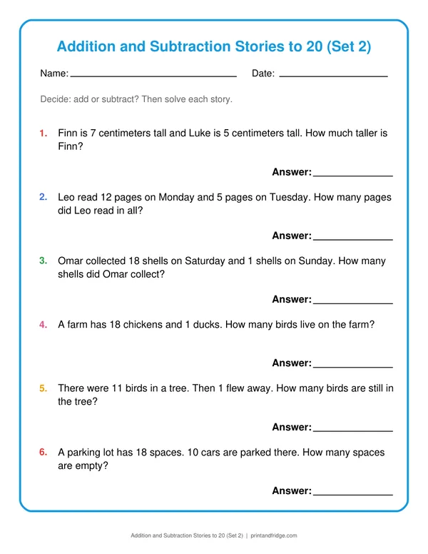 Addition and Subtraction Stories to 20 (Set 2) printable worksheet