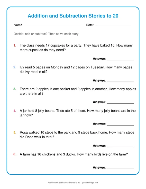 Addition and Subtraction Stories to 20 printable worksheet