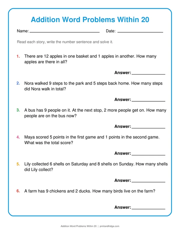 Addition Word Problems Within 20 printable worksheet
