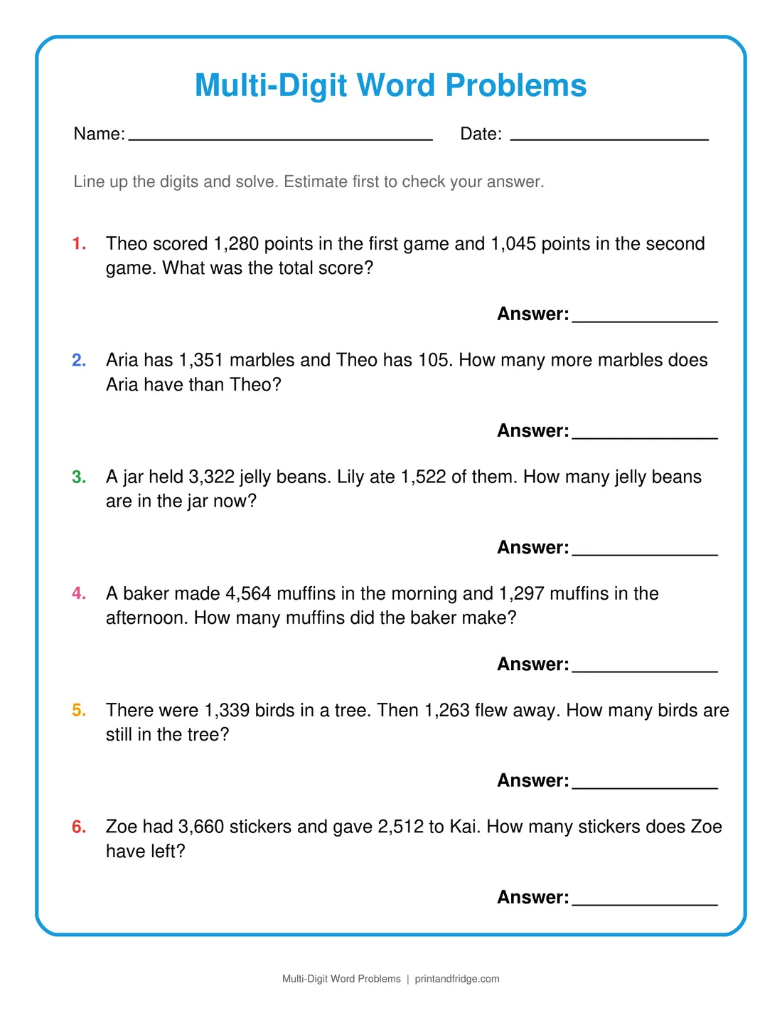 Multi-Digit Word Problems printable worksheet