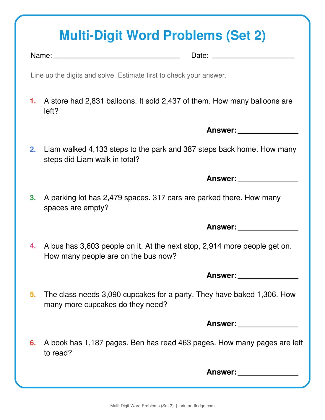Multi-Digit Word Problems (Set 2) printable worksheet