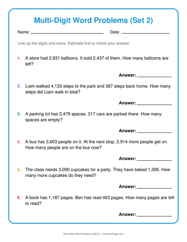 Multi-Digit Word Problems (Set 2) printable worksheet