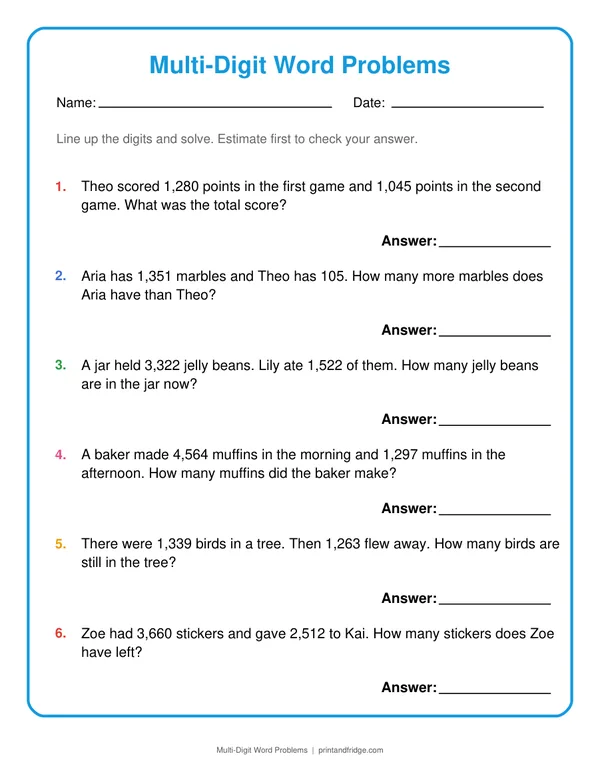 Multi-Digit Word Problems printable worksheet
