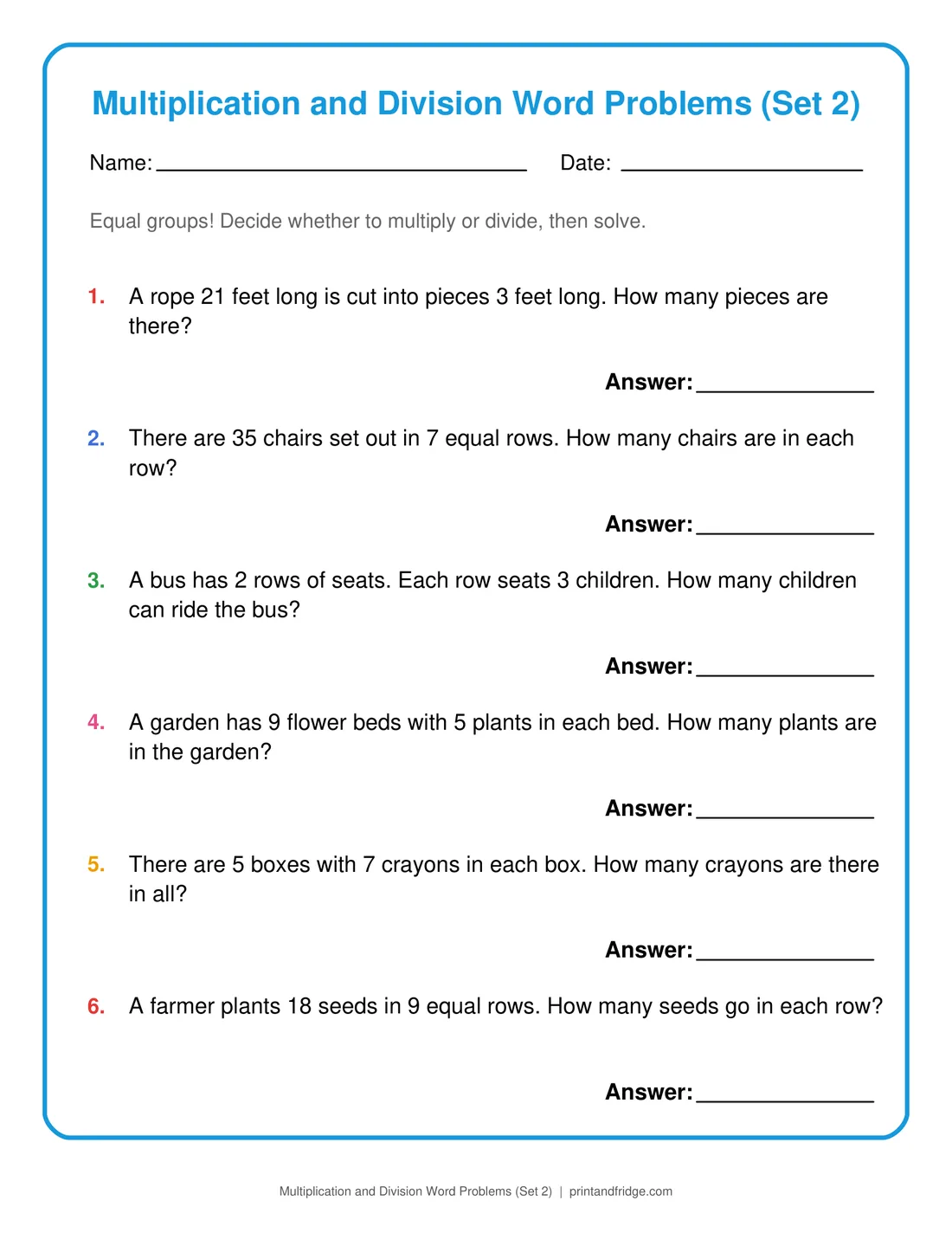 Multiplication and Division Word Problems (Set 2) printable worksheet