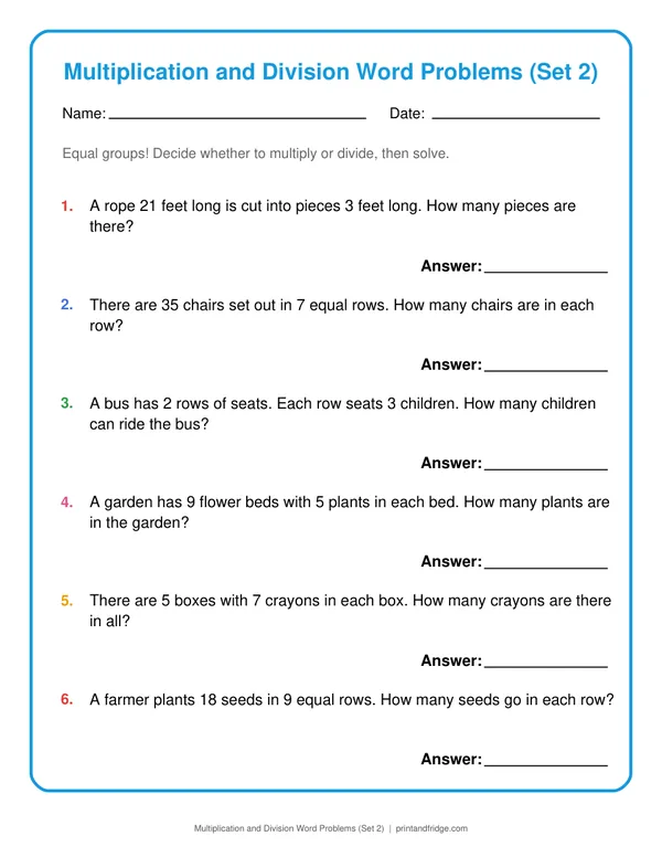 Multiplication and Division Word Problems (Set 2) printable worksheet