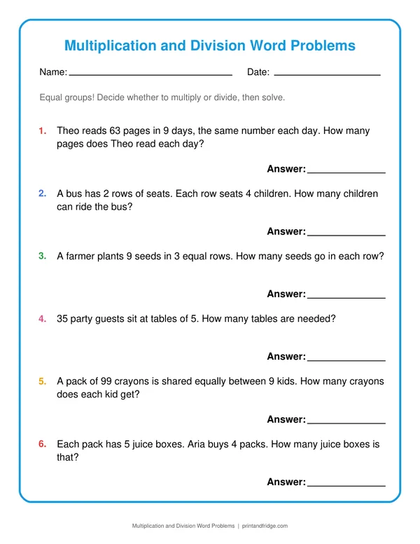 Multiplication and Division Word Problems printable worksheet