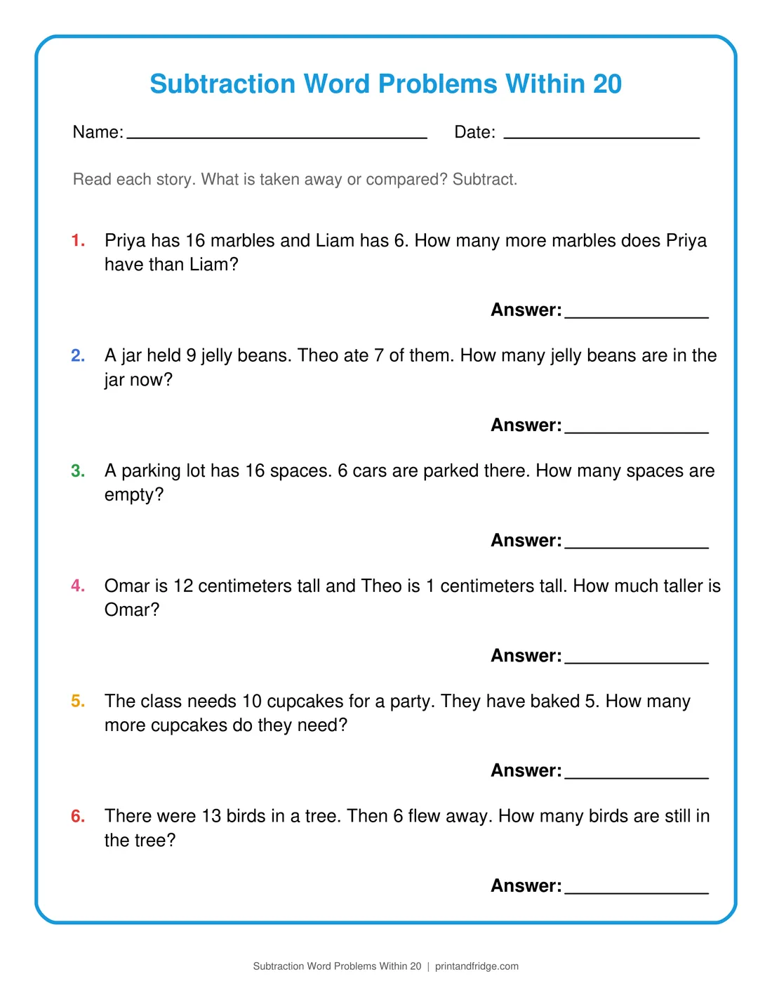 Subtraction Word Problems Within 20 printable worksheet