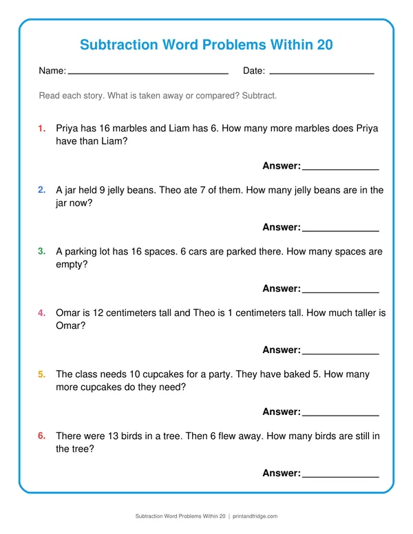 Subtraction Word Problems Within 20 printable worksheet